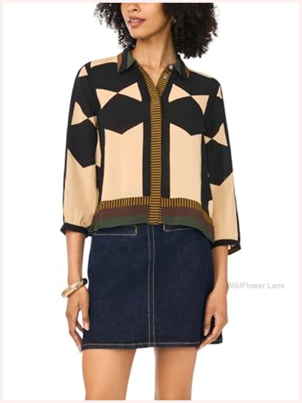Printed Collared Button Down 3/4 Sleeve Blouse 100% Polyester